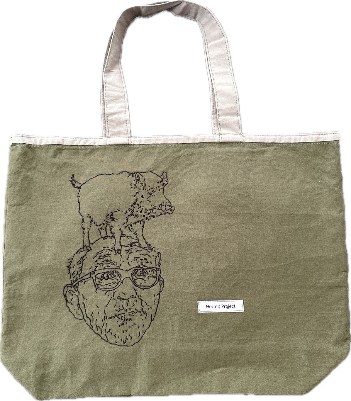 【Hermit Project】刺繡トートバッグ横型　カーキ